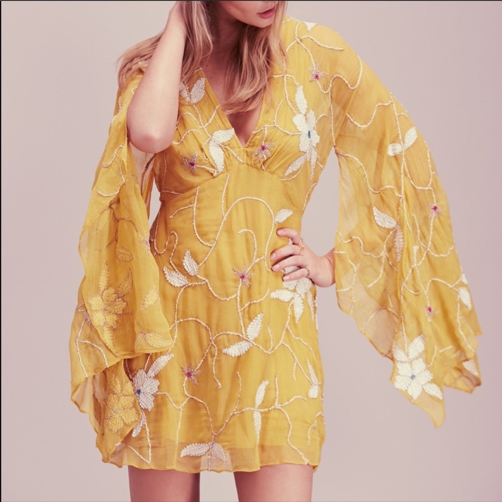 Free People Yellow Floral Embroidered Mini Dress